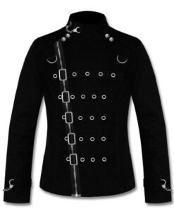 Black Asylum Jacket Goth Vampire Metal Cuff Zip Strap Buckle Bondage