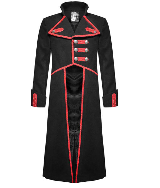 Men Military Long Coat Jacket Black Red Goth Steampunk Regency Aristoc