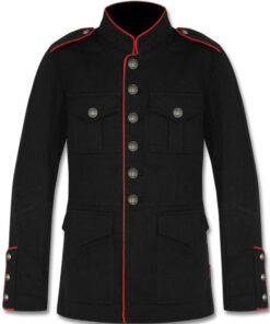Military Jacket Mens Black Red Goth Steam Punk Army Officer Pea Coat