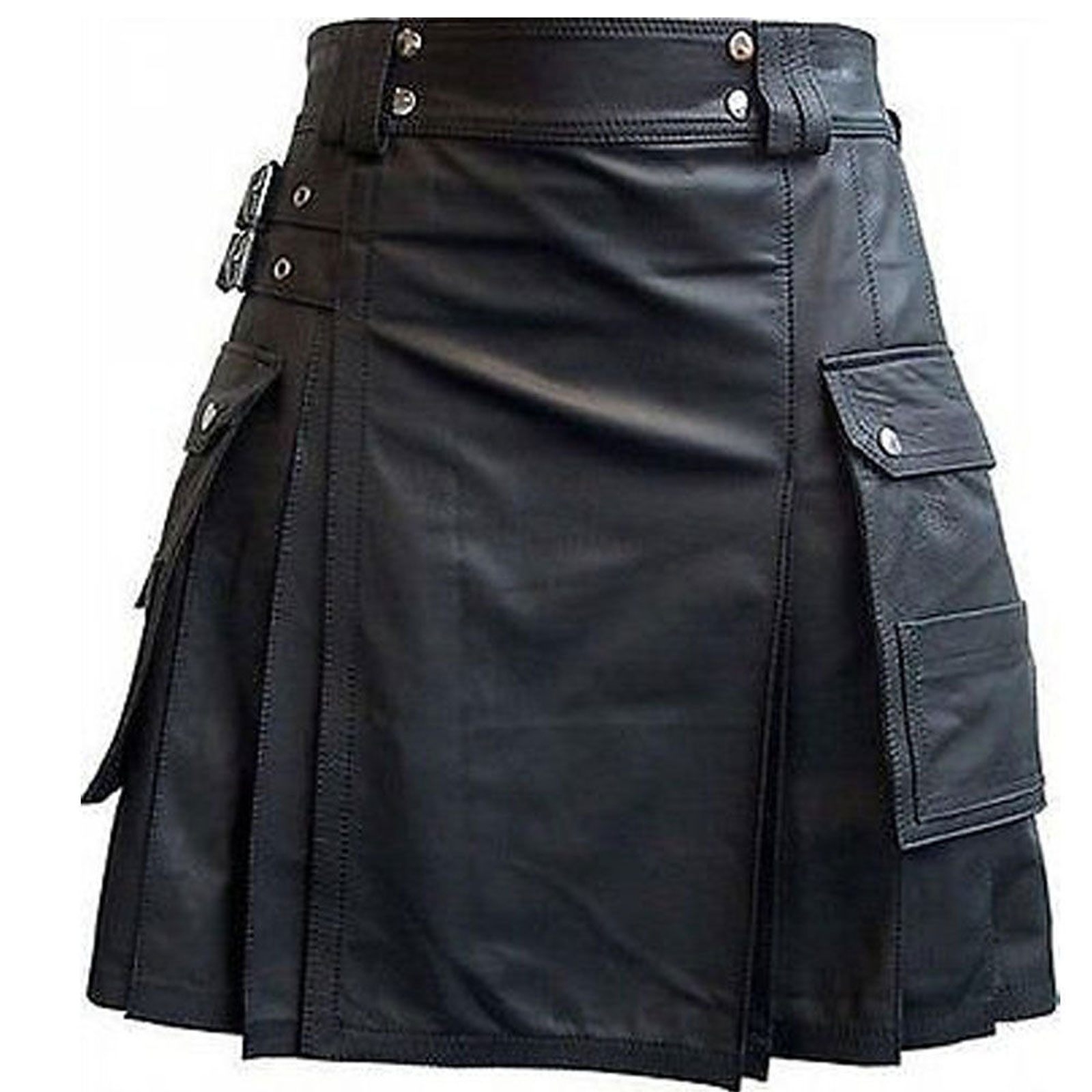 Stylish Black Leather Kilt with Twin Cargo Pockets