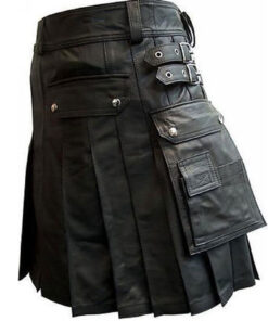 black leather kilt with twin cargo pockets side
