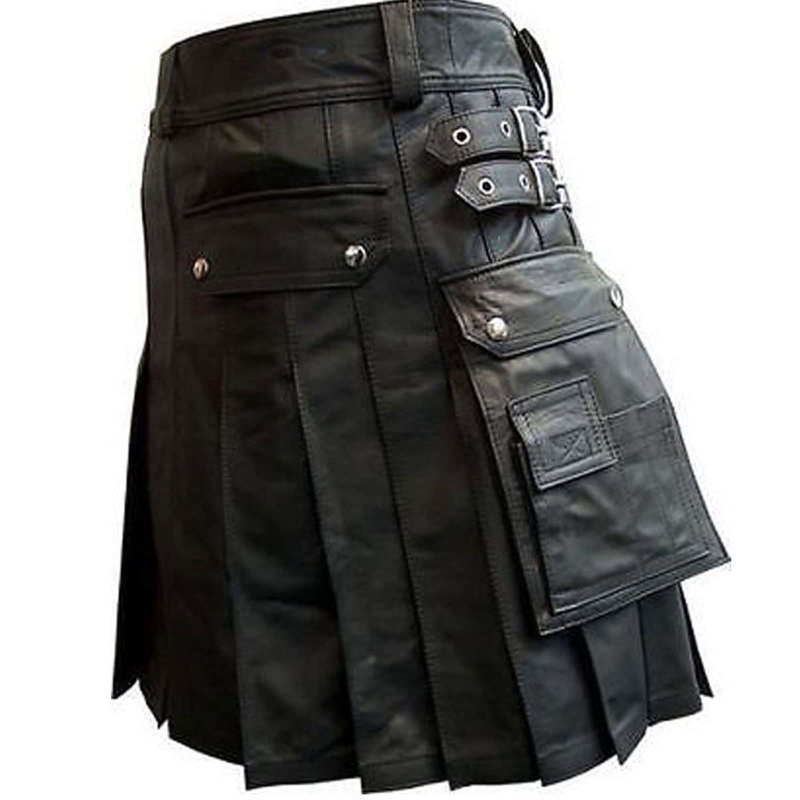 Stylish Black Leather Kilt with Twin Cargo Pockets