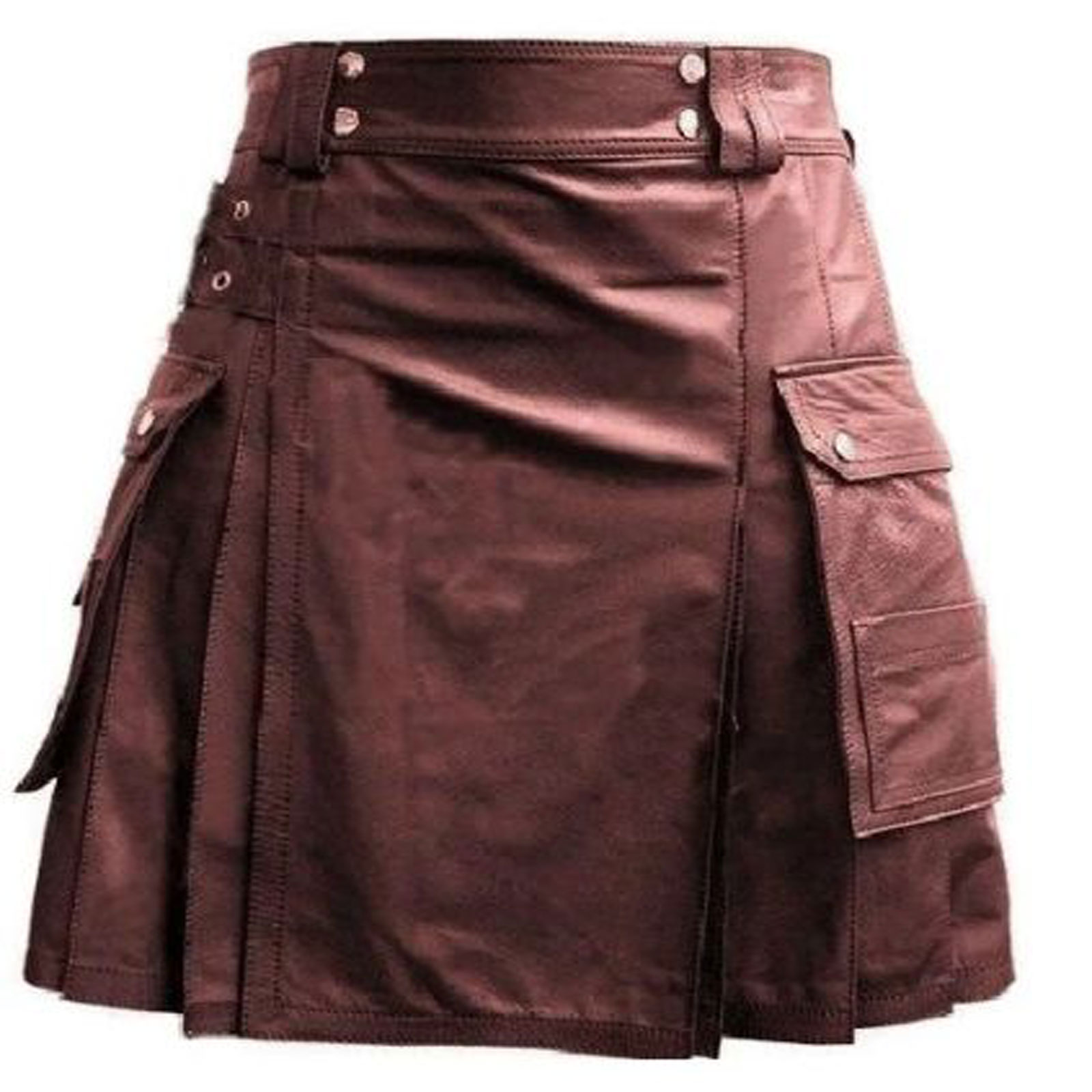 Brown Leather Utility Kilt with Cargo Pockets - Best Custom Made Kilt