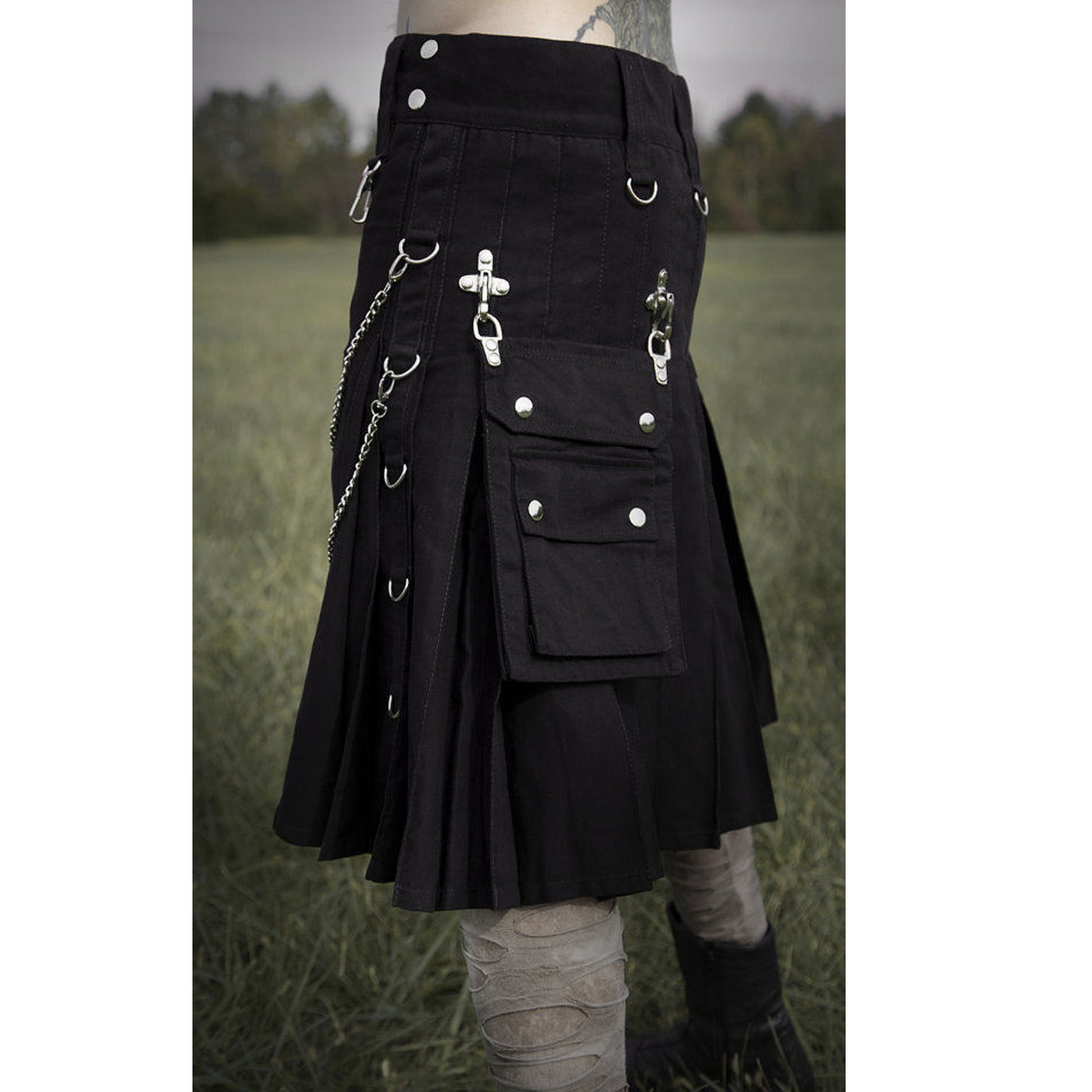 Black Gothic Utility Kilt Detachable Pockets Modern Gothic Fashion Active Men 