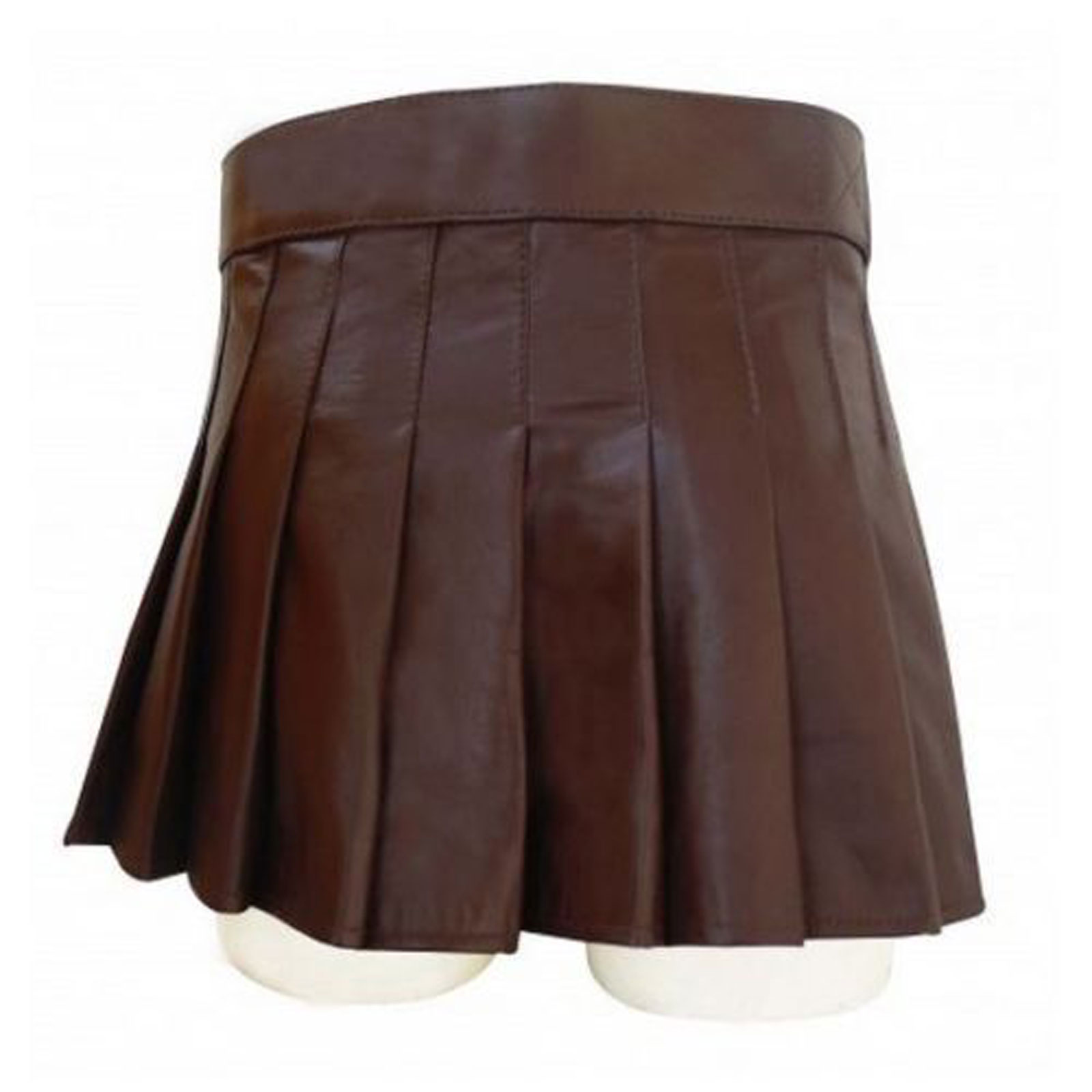 Mens BROWN Leather Gladiator Pleated Kilt FLAT FRONT TWIN CARGO POCKETS 