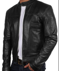 Men's Vintage Black Strap Pocket Slim Fit Black Biker Genuine Leather Jacket 