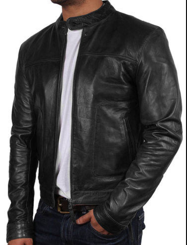 Men's Slim Fit Biker Motorcycle Style Retro Black Leather Jacket 